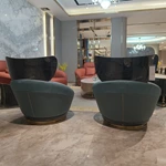 Dusty Blue Leather Lounge Chair with Elevated Headrest and High-Gloss Dark Back Panel